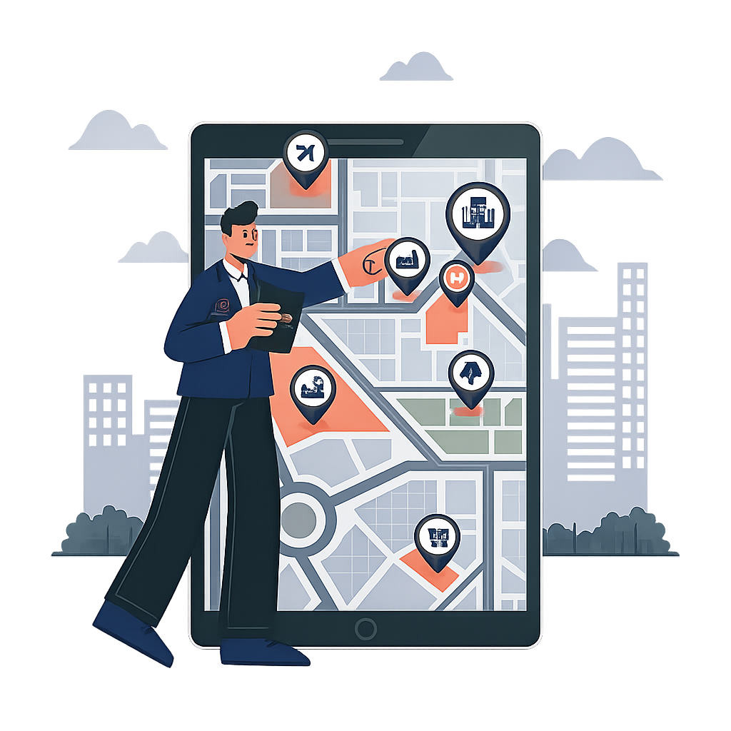 Illustration of a person exploring company locations on a map